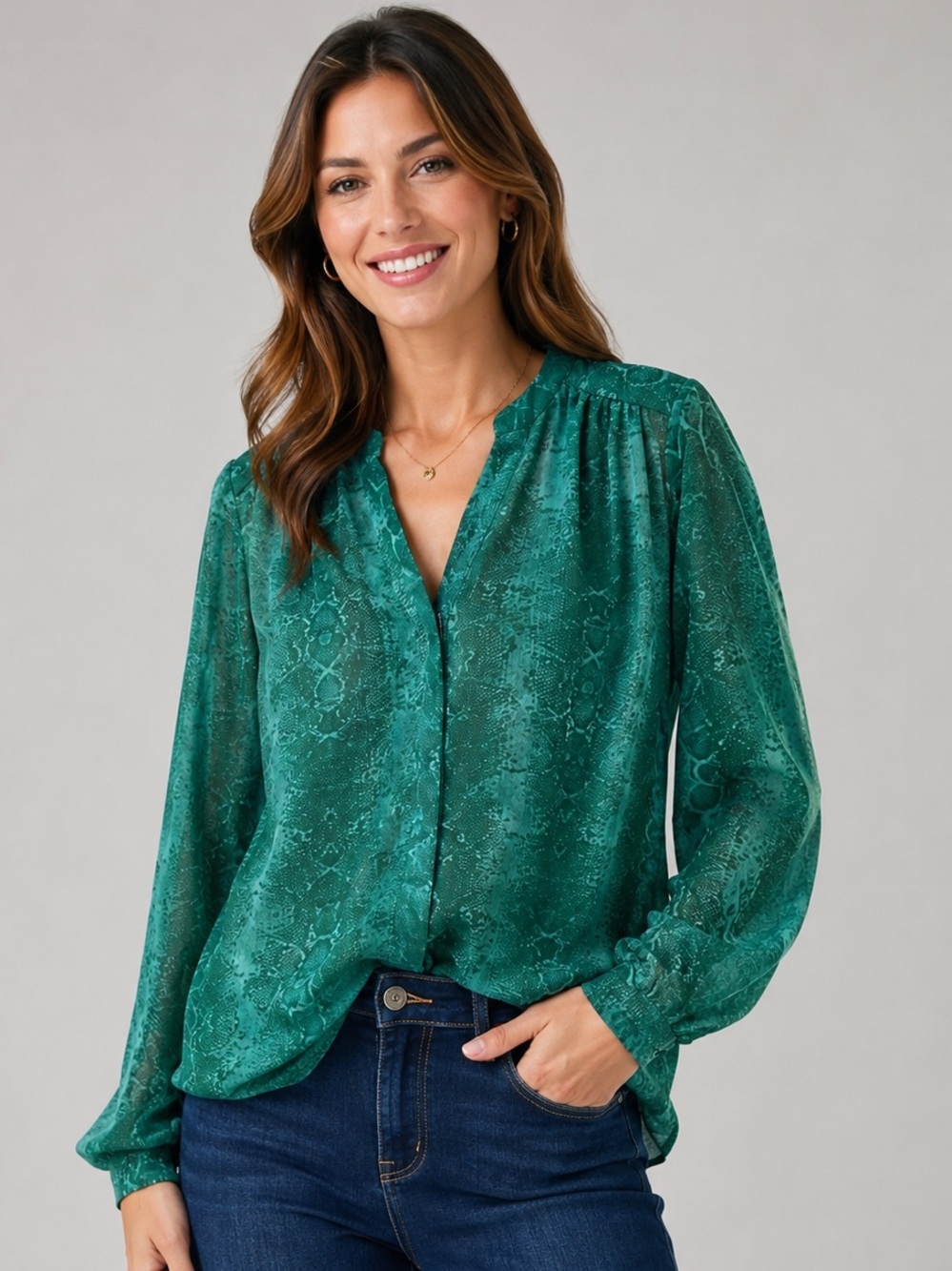 Rachel Zoe Emerald Green Snake Print Split Neck Blouse Long Sleeve Career Chic